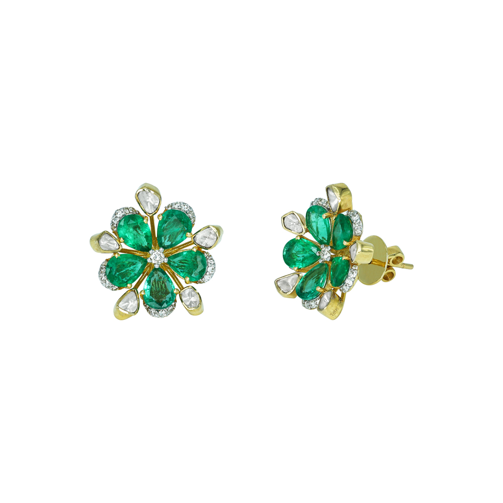 Floral Polki Stud Earrings with Emerald Petals and Diamonds